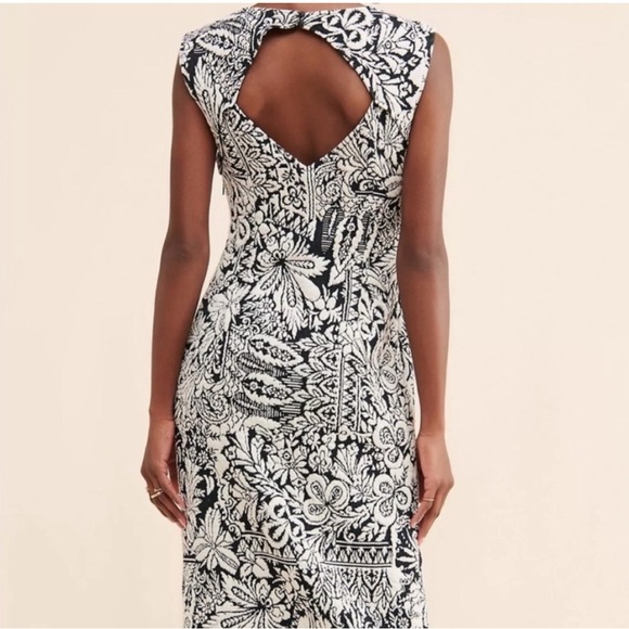 Anthropologie Black & White Jacquard Cut-Out Midi Dress Keyhole Fitted M cute - Picture 2 of 14